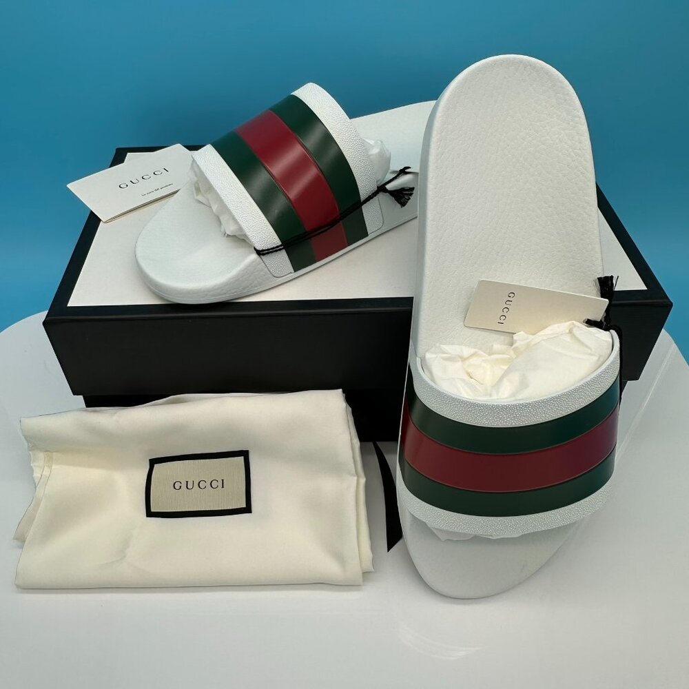 Gucci Men's Pursuit Pool Rubber Slides Sandal, Size‎ 7G/US 7.5, White/Red/Green